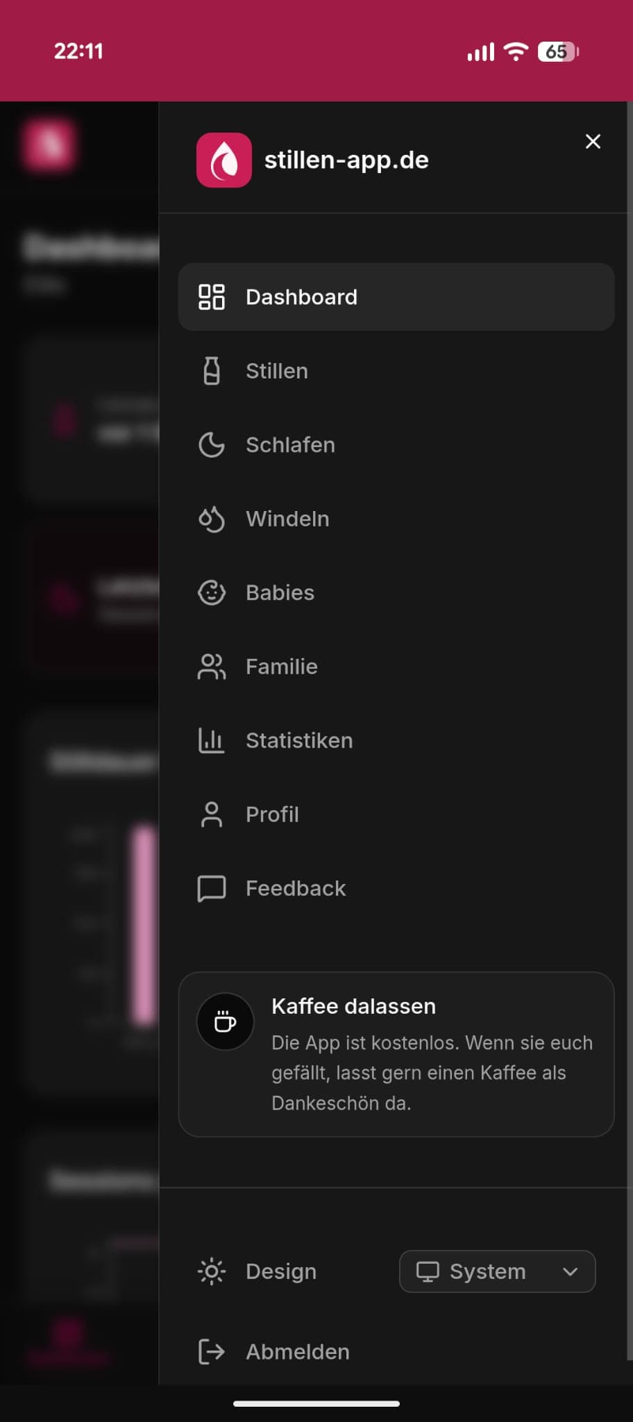 Geöffnetes Menü der Still-App mit den wichtigsten Bereichen