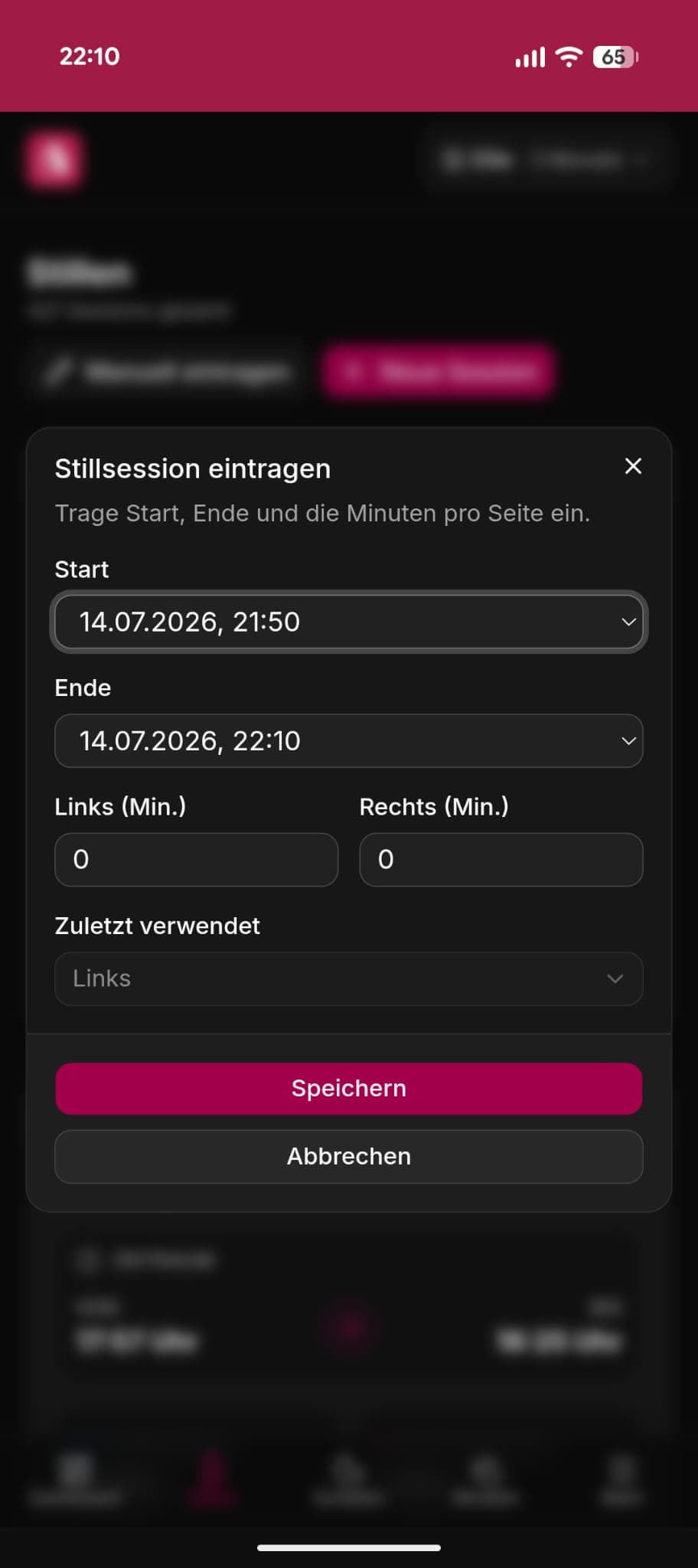 Dialog zum Nachtragen einer Still-Session
