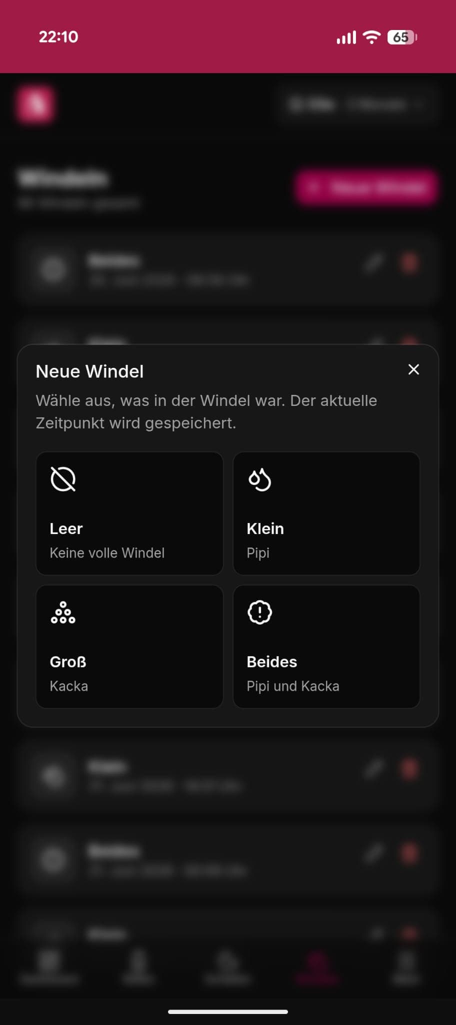 Windel-Eintrag in der kostenlosen Still App