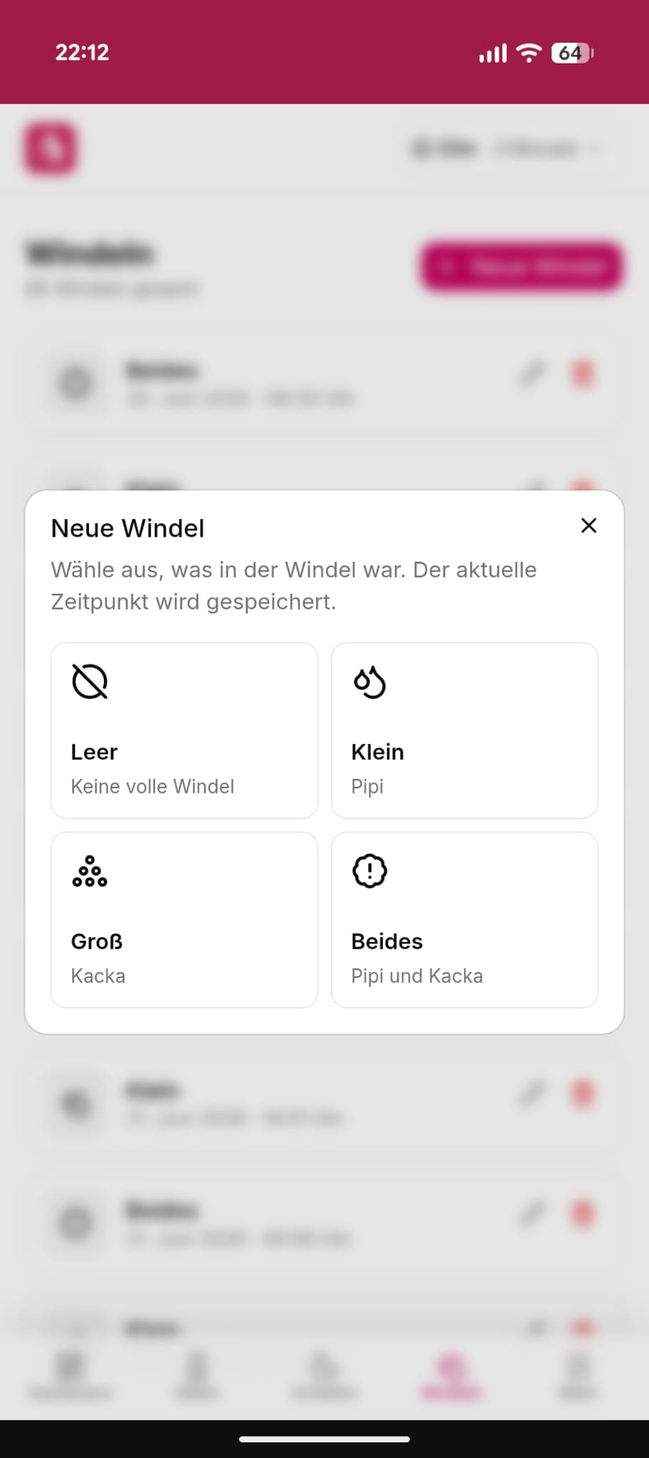 Windel-Eintrag in der kostenlosen Still App